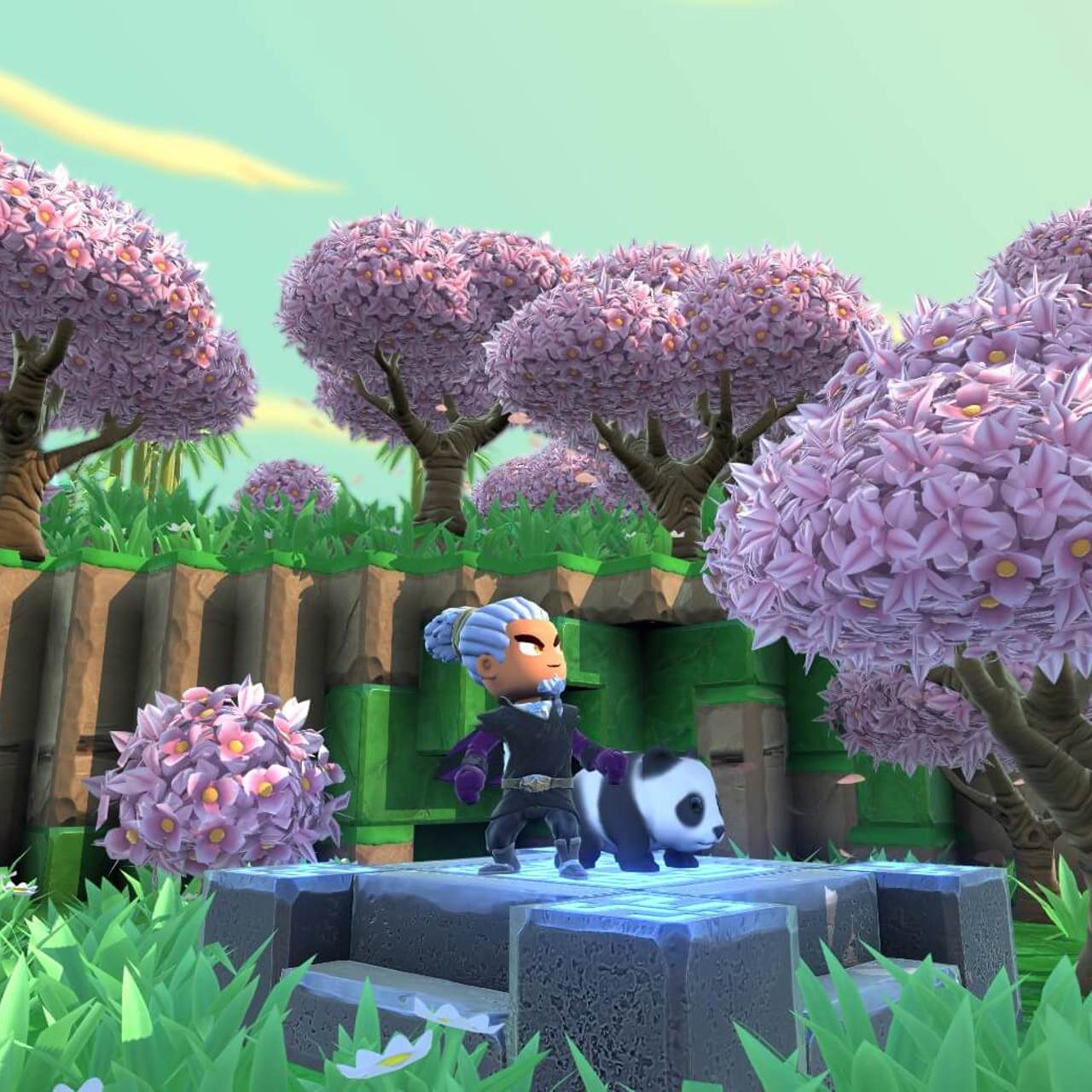 Portal Knights Screenshot of character with pet panda in a field with trees